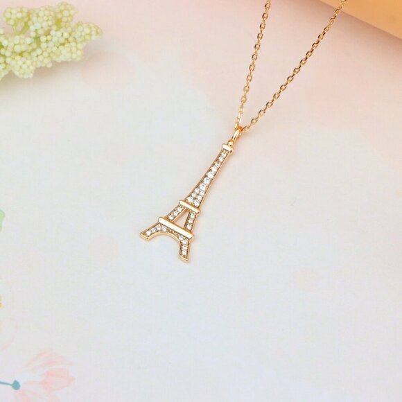 "Rose Gold Eiffel Tower Pendant Necklace with Sparkling Crystals, XPNL1883 - Picture 2 of 12